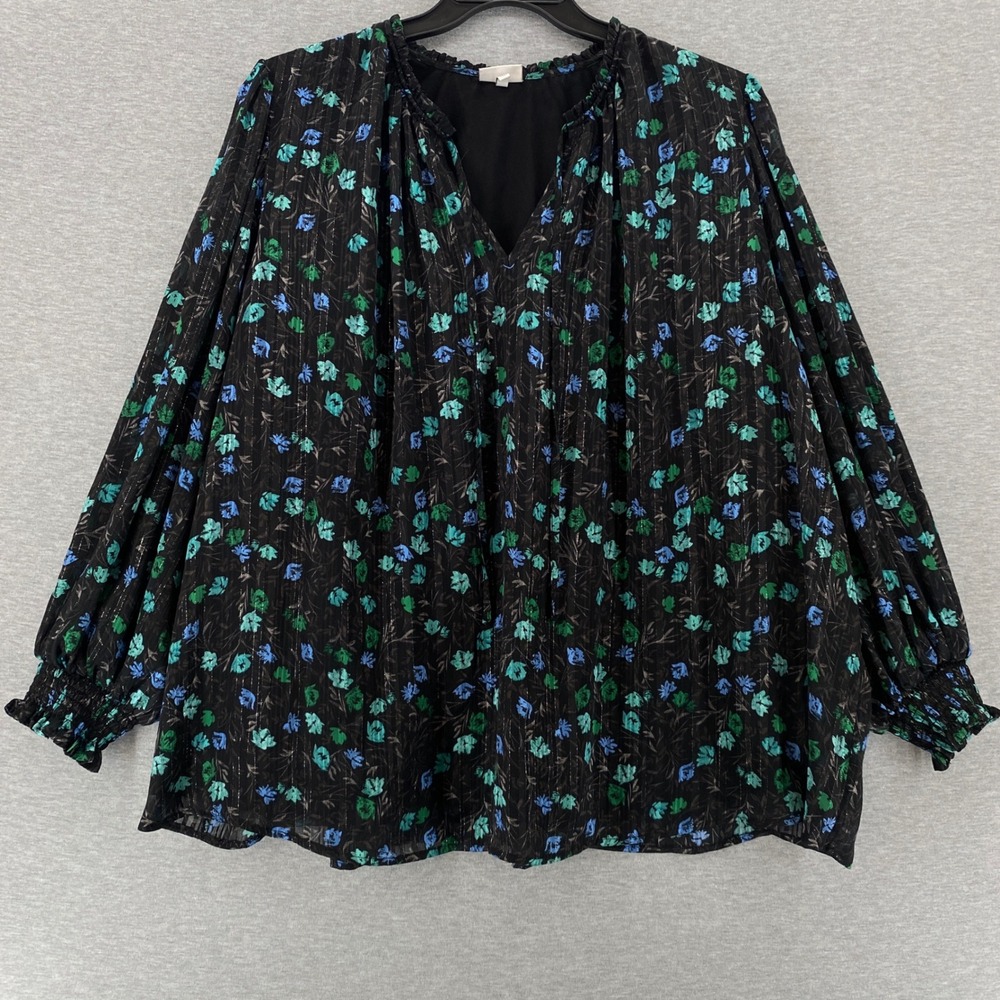 the Get 4X Floral Long Poet Sleeve Blouse Black Floral Metallic Boho‎ Cottage